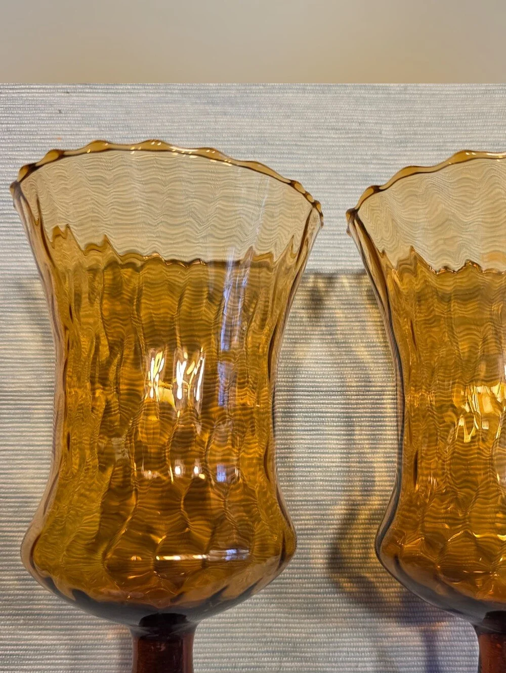 Vtg Set 2 Tall Amber Glass Peg Candle Cups Optic Diamond Honeycomb